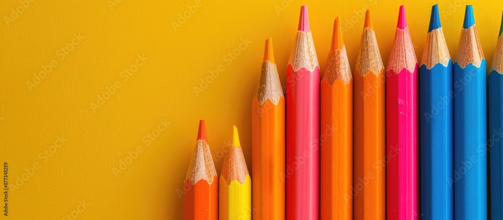 Poster top view of colorful pencils on a yellow backdrop with space for adding images. copy space image. pl