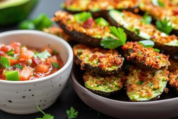 Crispy baked avocado halves with crunchy topping and salsa dipping sauce