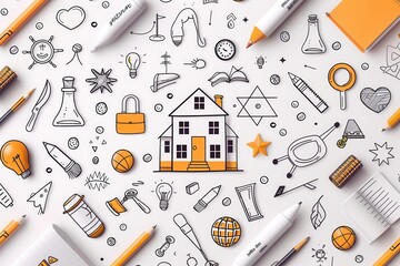 Doodle background with house in the center, pencils, pens, and office supplies.
