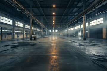 Stock image of an empty dark warehouse in three dimensions.