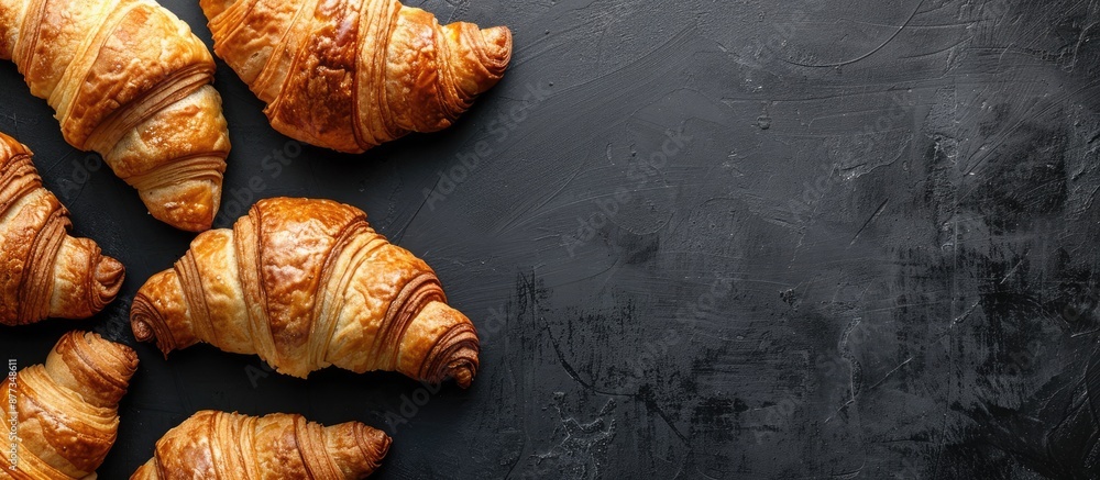 Poster vintage dark background displaying fresh traditional french croissants from an overhead perspective 