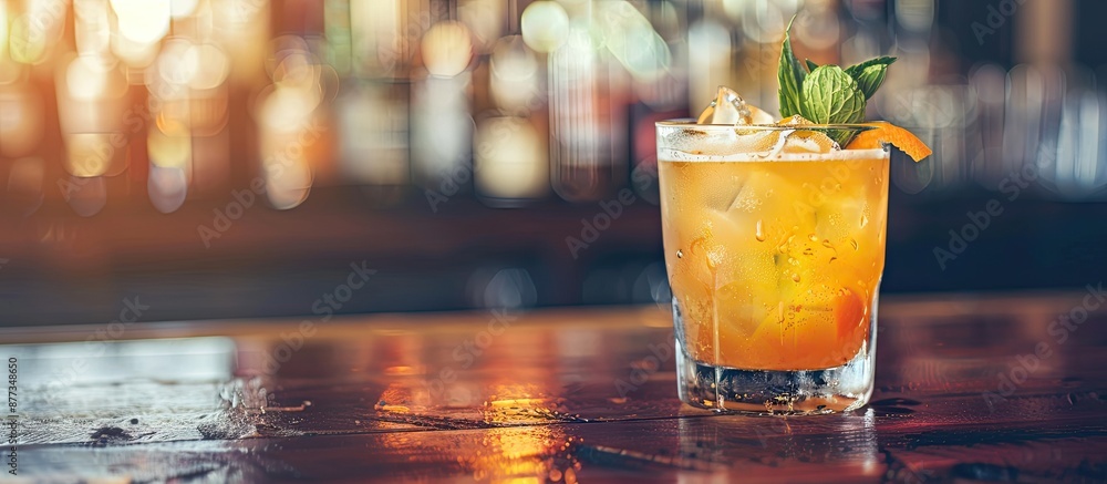 Poster a drink sits on the bar counter with a background of a clear space for adding text or other images a