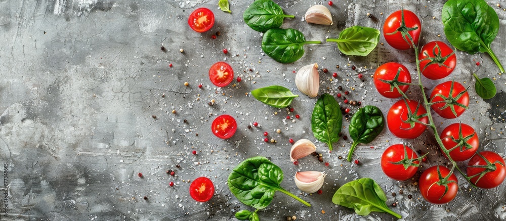 Poster cherry tomatoes spinach garlic and spices arranged on a concrete surface with a view from the top su
