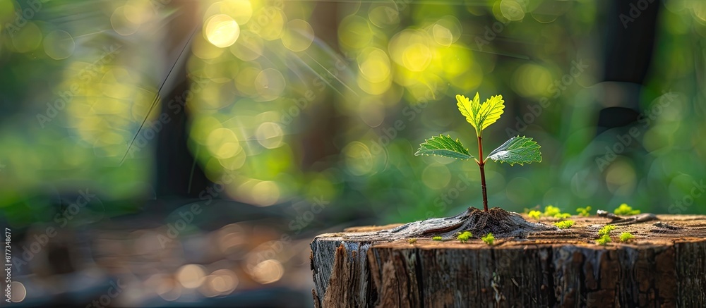 Poster a tiny tree sprouting on a stump with a tree trunk backdrop in a copy space image