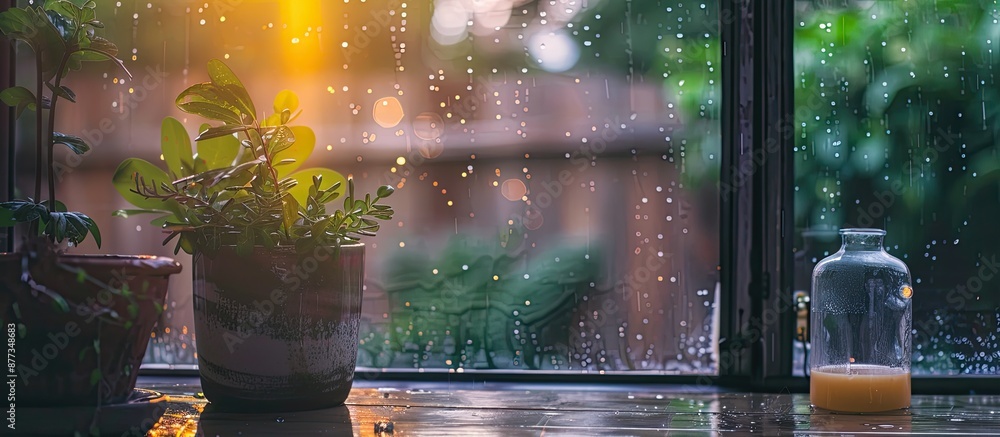 Poster rain on the window creating a cozy atmosphere with a relaxing vibe ideal for a copy space image