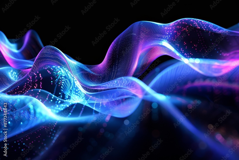 Aufkleber a futuristic abstract background with moving neon wave lines and bokeh lights. data transfer concept