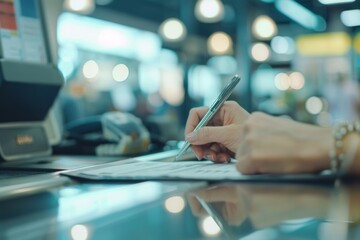 Naklejka premium Customer Signing Car Rental Agreement at Service Counter - Close-Up Photo for Business and Marketing Use