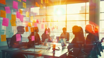 Brainstorming Session in Bright Office with Colorful Sticky Notes on Glass Walls