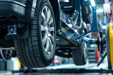 Fototapeta premium Auto Repair Shop Service - Close-Up of Car Wheel Alignment Adjustment Process for Safety & Efficiency