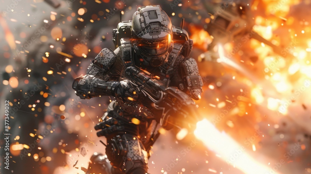 Poster stock image of game characters in armor battling invading monsters and aliens. high-tech action scen