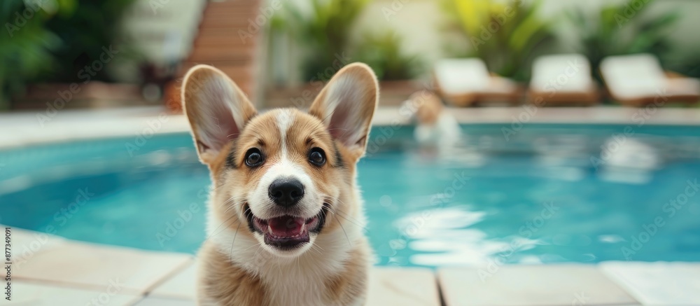 Aufkleber a joyful corgi puppy is near a pool with a happy face providing copy space in the image