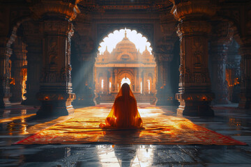 Rear view of a woman in a red sari praying at a temple entrance in the early morning light, with candles and detailed stonework adding to the peaceful atmosphere