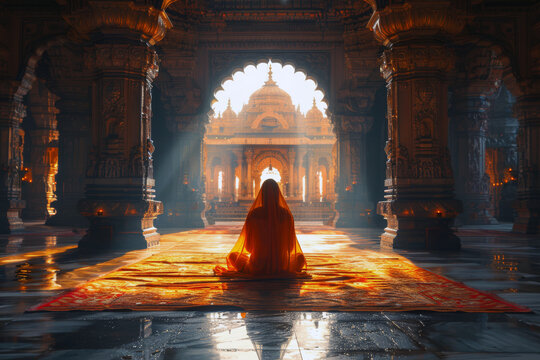 Rear view of a woman in a red sari praying at a temple entrance in the early morning light, with candles and detailed stonework adding to the peaceful atmosphere - Powered by Adobe