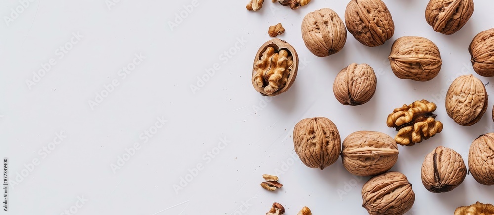 Poster copy space image featuring walnuts against a white backdrop for adding text