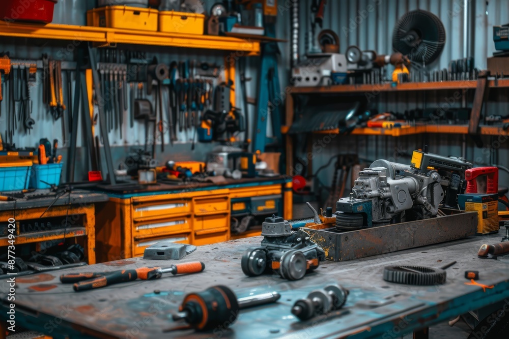 Poster clean and organized engine repair workshop with neatly arranged tools and engine components