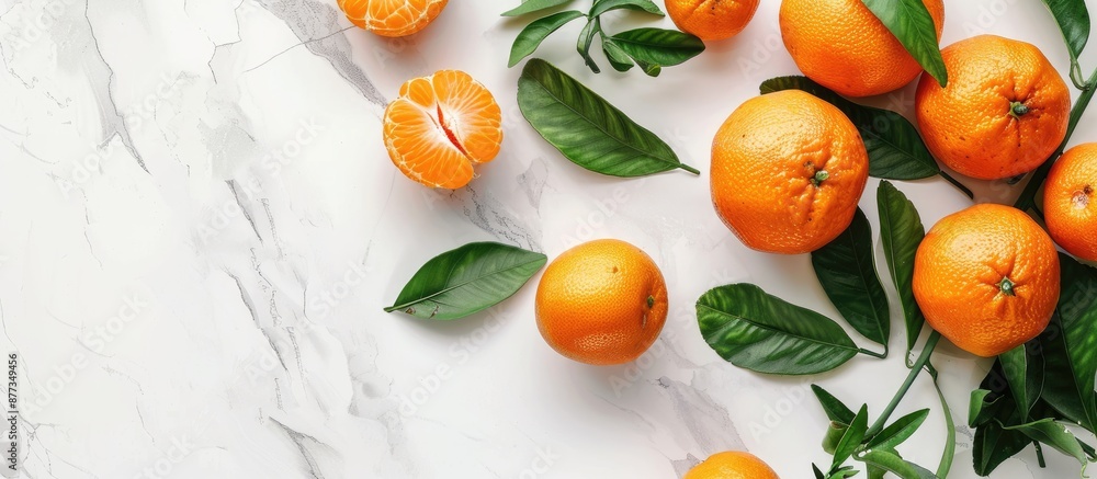 Poster top view of clementines with leaves on a white marble surface offering ample copy space in the image
