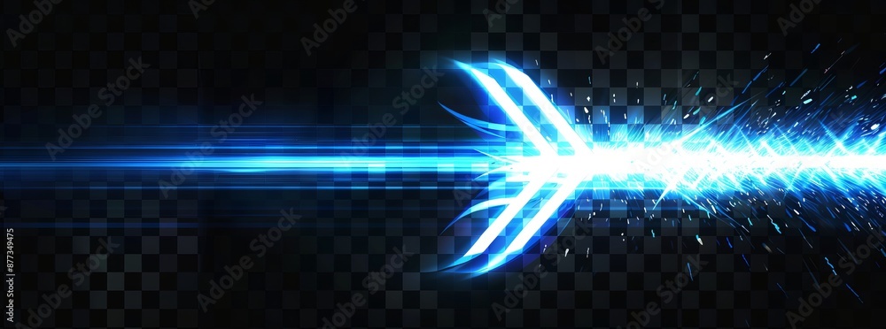 Poster futuristic blue light arrow in motion with speed effect on dark grid background