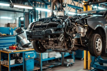 Fototapeta premium Car Engine Removal for Major Repairs in Auto Workshop Using Hydraulic Hoist - Maintenance and Mechanics