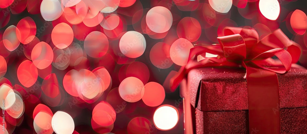 Poster red gift box with ribbon displayed against a festive bokeh lights backdrop with ample copy space ima