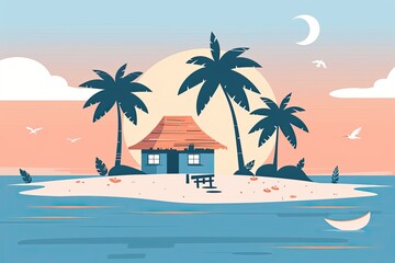 Obraz premium Tranquil Tropical Island Retreat - Minimalist Vector Design for Decoration or Vacation Ads