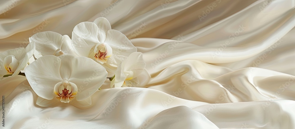 Poster white orchid displayed on a white fabric background with copy space image available