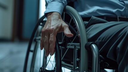 The hand on wheelchair wheel