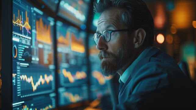 A businessman analyzing data on a computer
