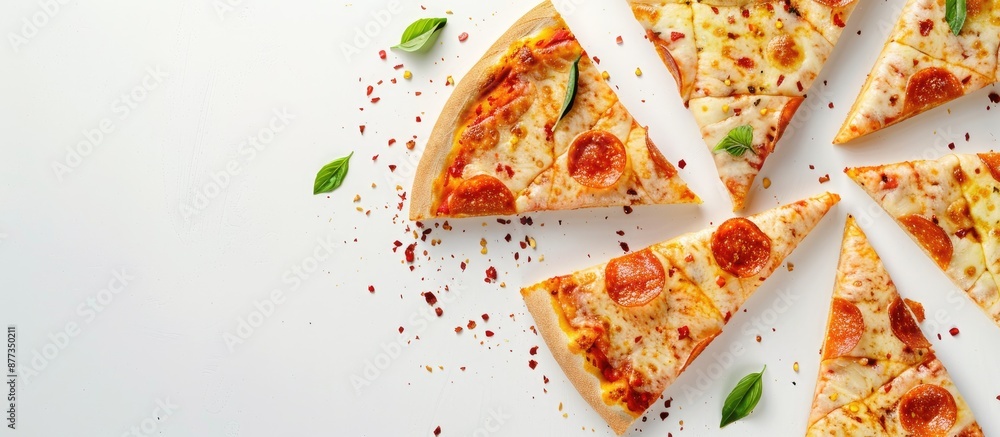 Aufkleber pizza slices arranged on a white backdrop with copy space image