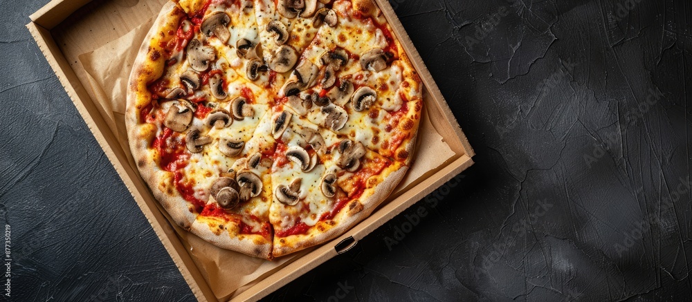 Poster top view of a pizza with cheese and mushrooms in a box on a black background ideal for a copy space 