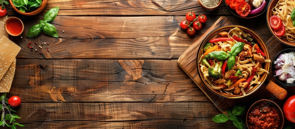 Poster top down view of a wooden table displaying traditional italian food pasta with chicken veggies and a