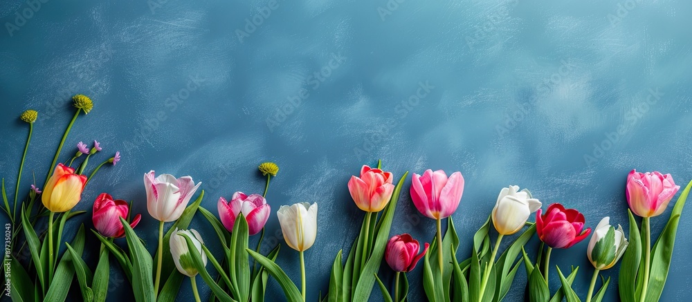 Poster spring flowers seen from above with space for text or content in a copy space image