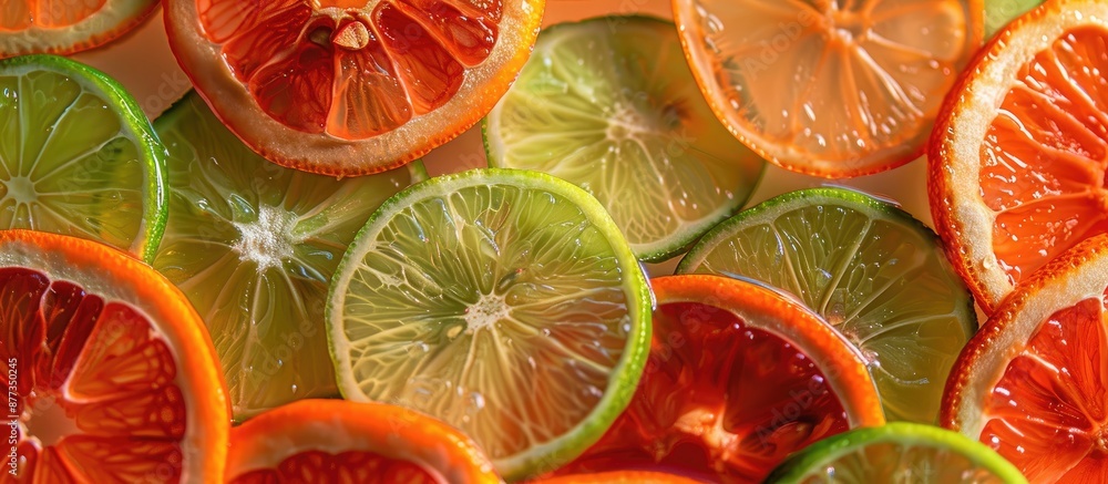 Poster close up of vibrant lime slices in red and orange hues against a backdrop with ample copy space for 