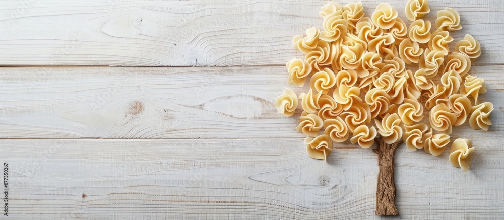 Poster raw noodles arranged in the form of a pine tree on a white wooden surface with plenty of copy space 