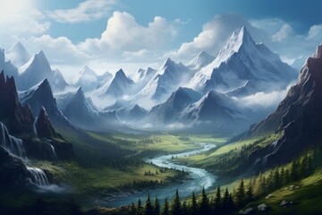 Fototapeta premium Breathtaking and majestic mountain valley landscape with pristine mountains, flowing river, and serene waterfalls, creating a tranquil and beautiful scenery under a clear sky