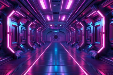 Image of scifi gaming cyberpunk stage in futuristic neon glow room, Stock Image