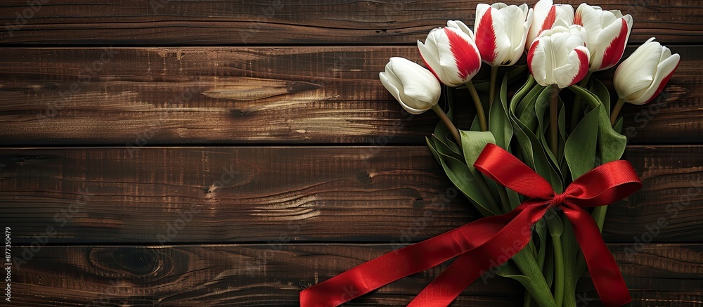 Aufkleber top view of white tulips tied with a red ribbon on a wooden backdrop with available copy space in th