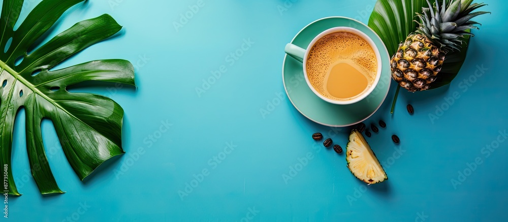 Poster Blue background with a tropical leaf and pineapple coffee cup with copy space image