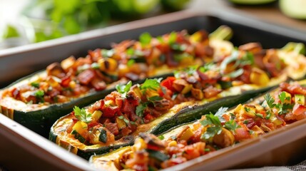 Close-up of stuffed zucchini boats with savory filling, ready to serve.