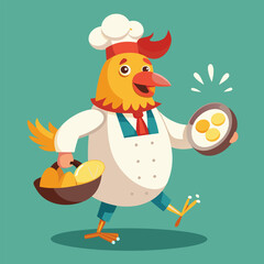 The culinary rooster chef in the comedic illustration serves a delicious omelette for breakfast, adding humor to your morning