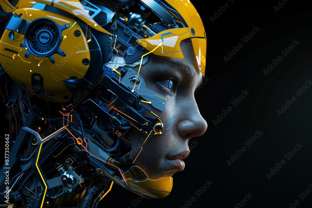 Poster collage of female humanoid robot invention on dark black background generated using generative ai