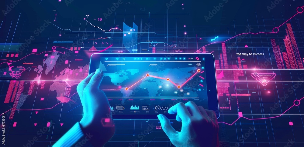 Poster hands holding a tablet with futuristic data visualization and global network graph