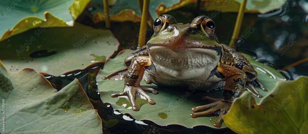 Poster there is a variety of frogs such as a dumpy frog or a tree frog resting on lotus leaves in the image