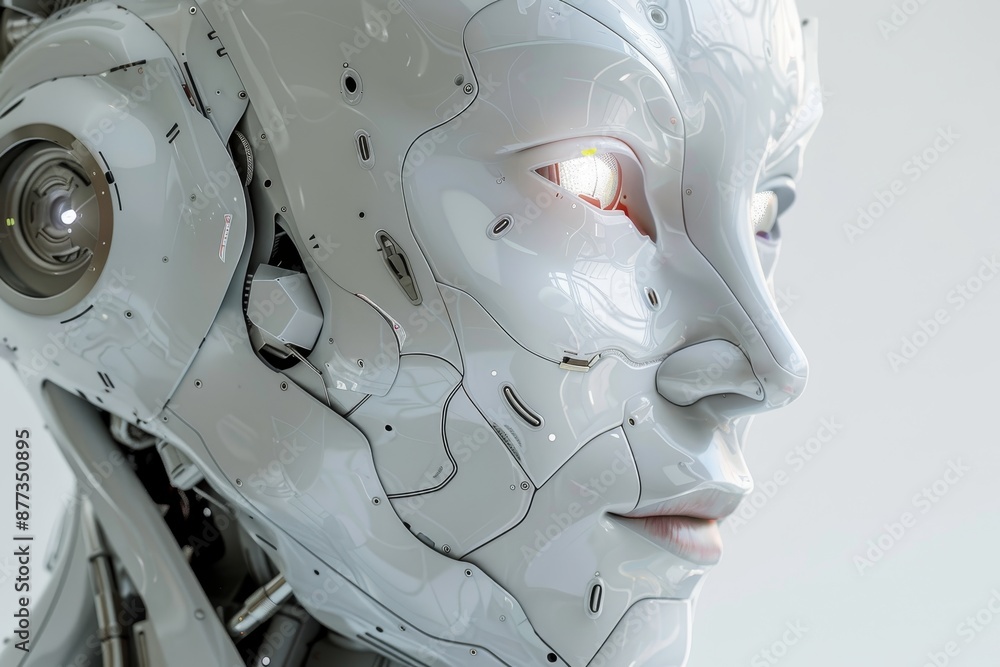 Poster the portrait of an anthropomorphous humanoid robot on a gray background is close-up. ai in action.