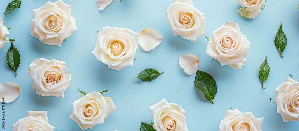 Poster arrangement of white roses on a pastel blue backdrop viewed from above with space for text or images
