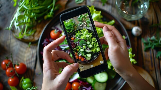 Hands hold a smartphone to take a photo of a bowl of salad with fresh ingredients