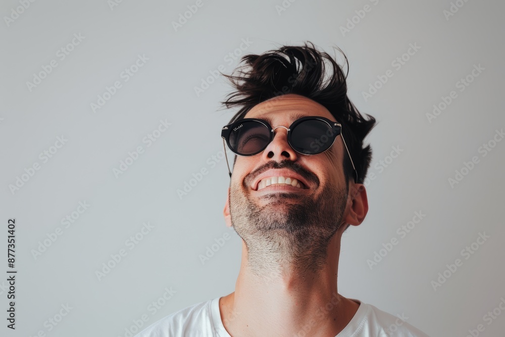 Wall mural Portrait of a happy man in his 20s wearing a trendy sunglasses isolated in plain white digital canvas