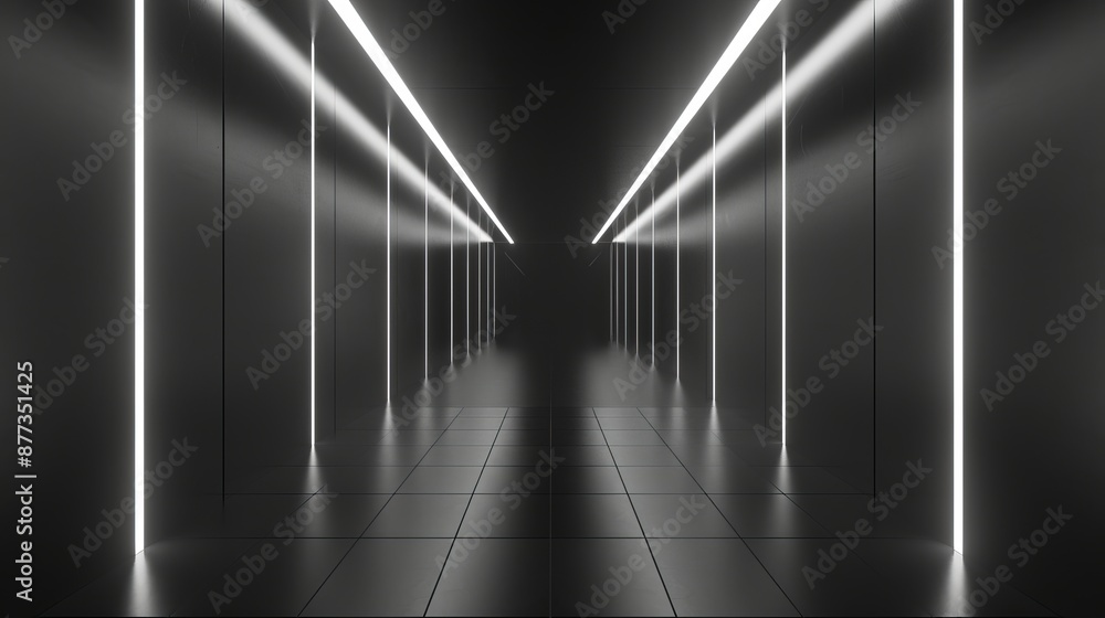 Poster luminous sci-fi lines in a dark tunnel, reflected on the floor and ceiling. 3d rendering. abstract g