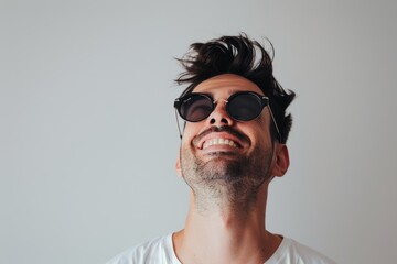 Obraz premium Portrait of a happy man in his 20s wearing a trendy sunglasses isolated in plain white digital canvas