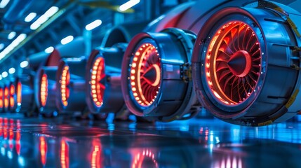 The blue turbofan blades of a modern airplane or spacecraft appear against the background of glowing yellow orange neon lights. The turbofan engine of an airplane in a dark hangar is viewed close up.