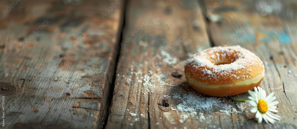 Poster donut daisy displayed on a wooden surface in an image with copy space